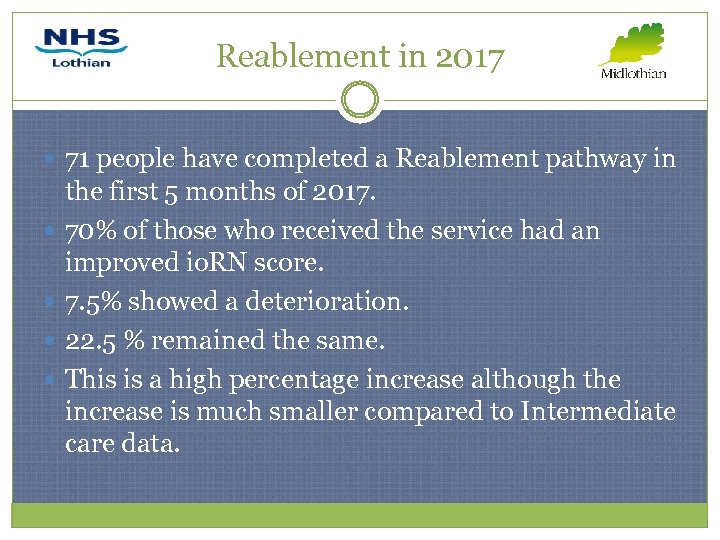 Reablement in 2017 71 people have completed a Reablement pathway in the first 5