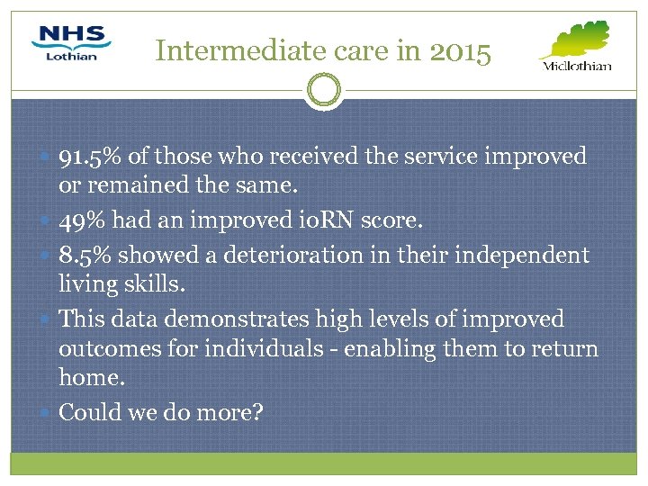 Intermediate care in 2015 91. 5% of those who received the service improved or