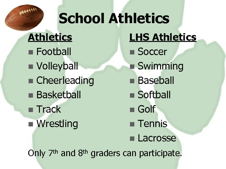 School Athletics n Football n Volleyball n Cheerleading n Basketball n Track n Wrestling