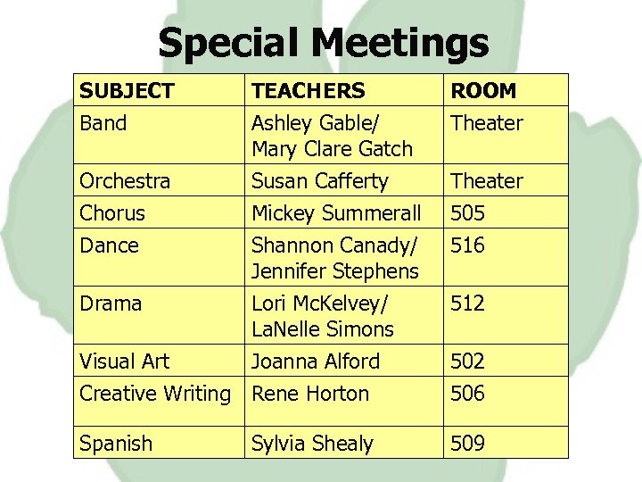 Special Meetings SUBJECT TEACHERS ROOM Band Ashley Gable/ Mary Clare Gatch Theater Orchestra Susan