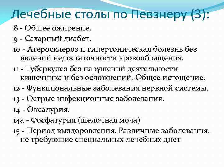 Лечебные столы по Певзнеру (3): 8 - Общее ожирение. 9 - Сахарный диабет. 10