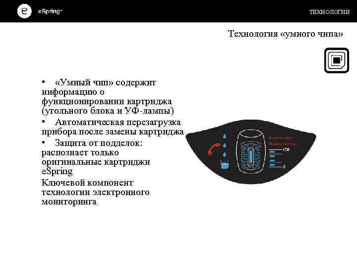 ТЕХНОЛОГИИ Технология «умного чипа» • «Умный чип» содержит информацию о функционировании картриджа (угольного блока