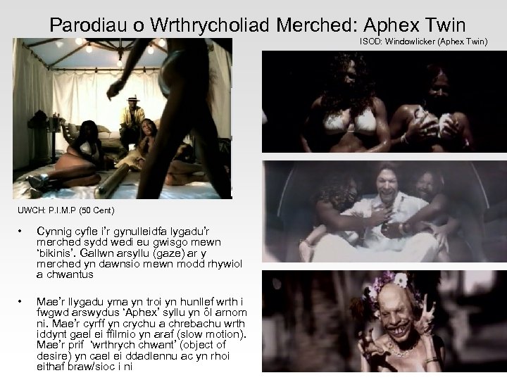 Parodiau o Wrthrycholiad Merched: Aphex Twin ISOD: Windowlicker (Aphex Twin) UWCH: P. I. M.