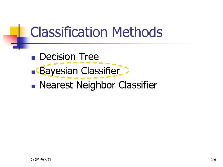 Classification Methods n n n Decision Tree Bayesian Classifier Nearest Neighbor Classifier COMP 5331