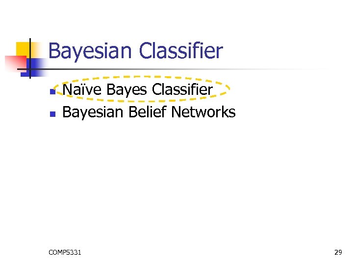 Bayesian Classifier n n Naïve Bayes Classifier Bayesian Belief Networks COMP 5331 29 