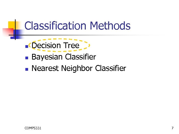 Classification Methods n n n Decision Tree Bayesian Classifier Nearest Neighbor Classifier COMP 5331