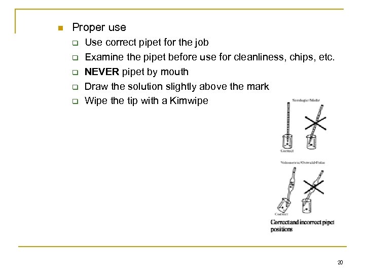 n Proper use q q q Use correct pipet for the job Examine the
