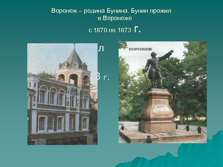 Воронеж – родина Бунина. Бунин прожил в Воронеже с 1870 по 1873 Бунин прожил