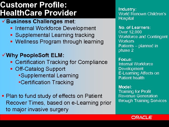 Customer Profile: Health. Care Provider üBusiness Challenges met: § Internal Workforce Development § Supplemental