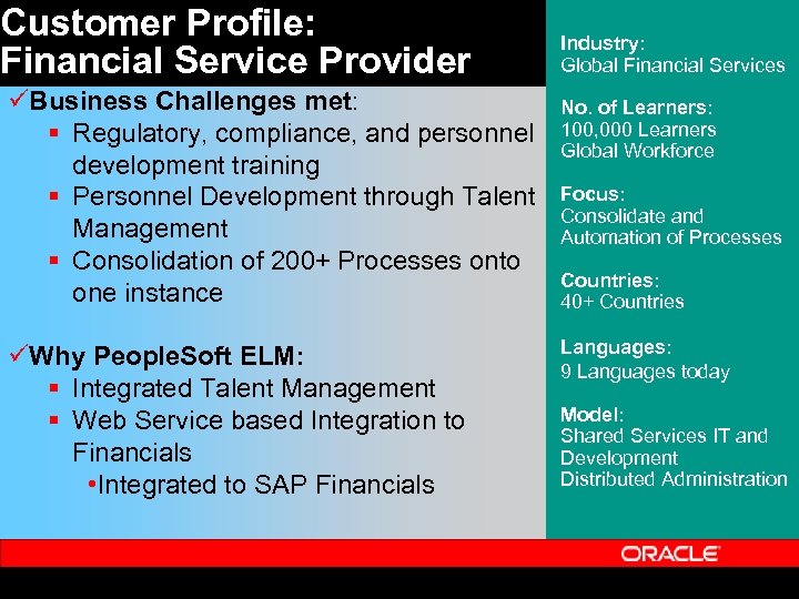 Customer Profile: Financial Service Provider üBusiness Challenges met: § Regulatory, compliance, and personnel development