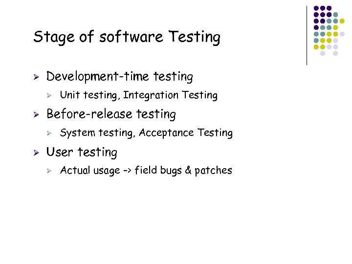 Stage of software Testing Ø Development-time testing Ø Ø Before-release testing Ø Ø System
