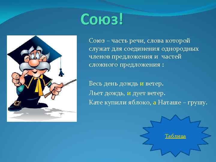 Союз! Союз – часть речи, слова которой служат для соединения однородных членов предложения и