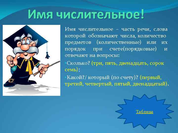Имя числительное! Имя числительное – часть речи, слова которой обозначают числа, количество предметов (количественные)