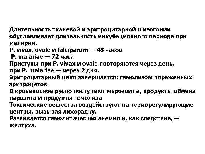 Длительность тканевой и эритроцитарной шизогонии обуславливает длительность инкубационного периода при малярии. Р. vivax, ovale