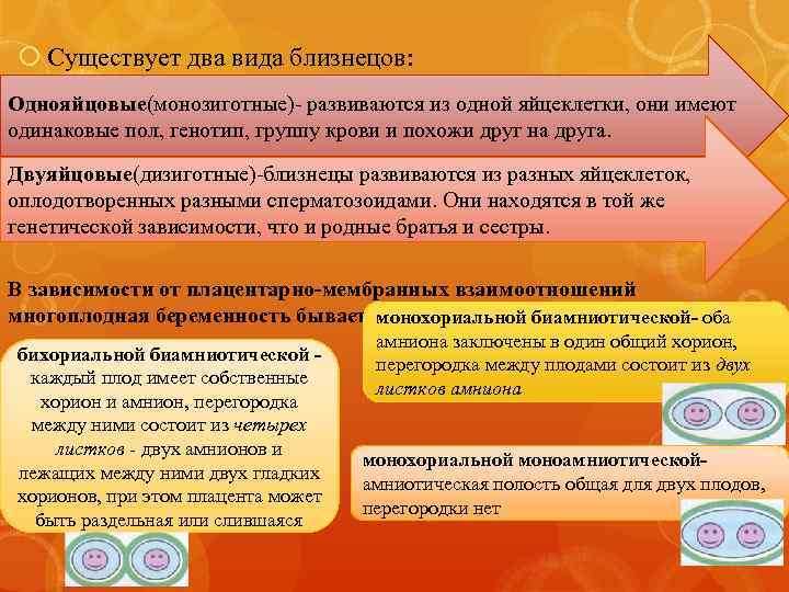  Существует два вида близнецов: Однояйцовые(монозиготные)- развиваются из одной яйцеклетки, они имеют одинаковые пол,
