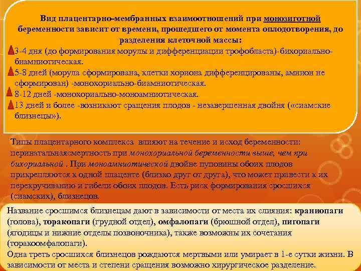 Вид плацентарно-мембранных взаимоотношений при монозиготной беременности зависит от времени, прошедшего от момента оплодотворения, до