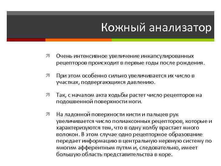 Кожный анализатор Очень интенсивное увеличение инкапсулированных рецепторов происходит в первые годы после рождения. При