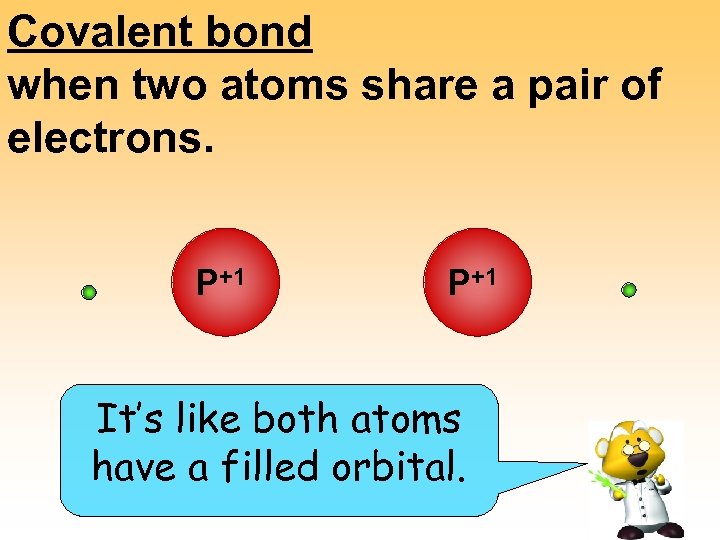 Covalent bond when two atoms share a pair of electrons. P+1 It’s like both