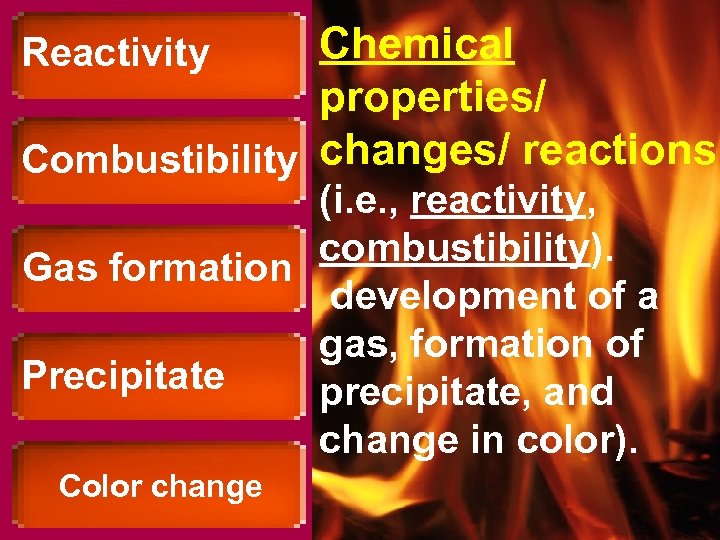 Chemical properties/ Combustibility changes/ reactions Reactivity (i. e. , reactivity, combustibility). Gas formation development