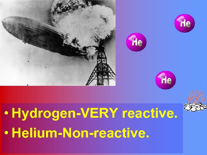  • Hydrogen-VERY reactive. • Helium-Non-reactive. 