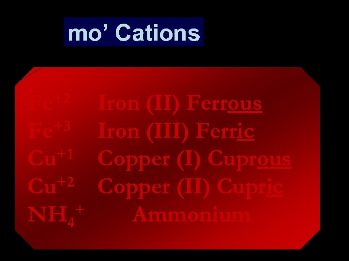 mo’ Cations Fe+2 +3 Fe +1 Cu Cu+2 + NH 4 Iron (II) Ferrous