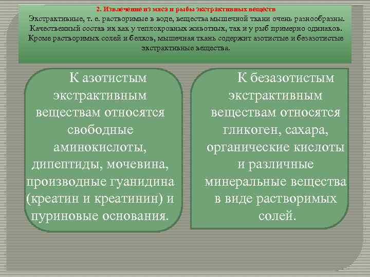 2. Извлечение из мяса и рыбы экстрактивных веществ Экстрактивные, т. е. растворимые в воде,