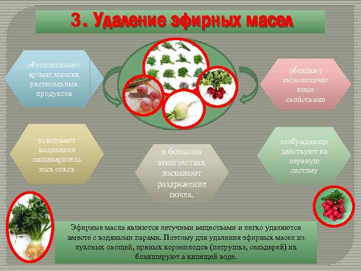 3. Удаление эфирных масел обусловливают аромат многих растительных продуктов усиливают выделение пищеваритель ных соков