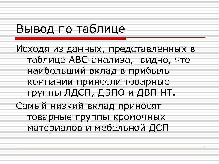 Вывод по таблице Исходя из данных, представленных в таблице АВС-анализа, видно, что наибольший вклад