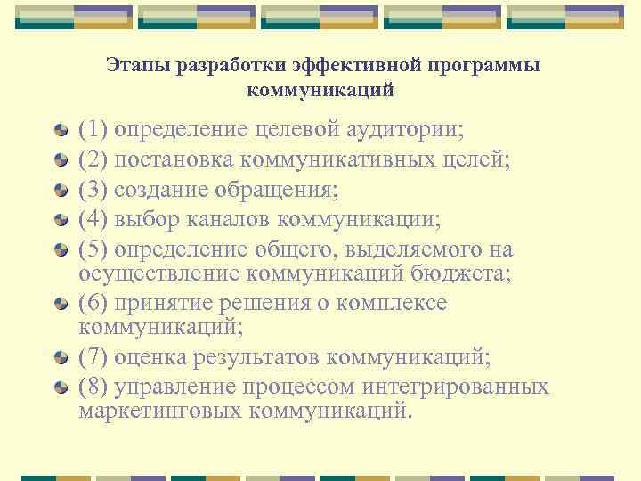Этапы разработки эффективной программы коммуникаций (1) определение целевой аудитории; (2) постановка коммуникативных целей; (3)