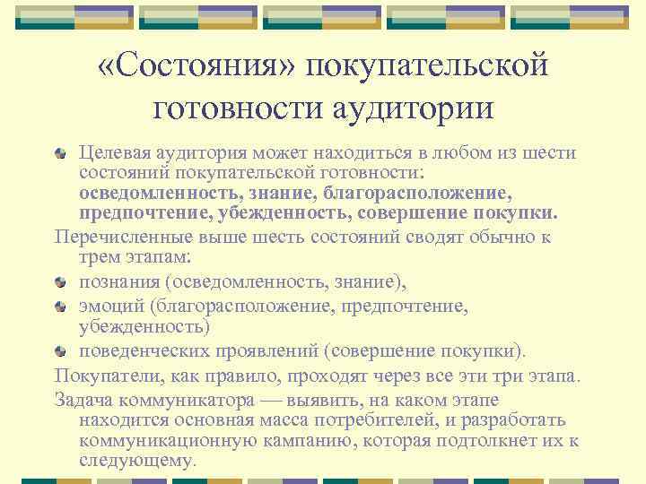  «Состояния» покупательской готовности аудитории Целевая аудитория может находиться в любом из шести состояний