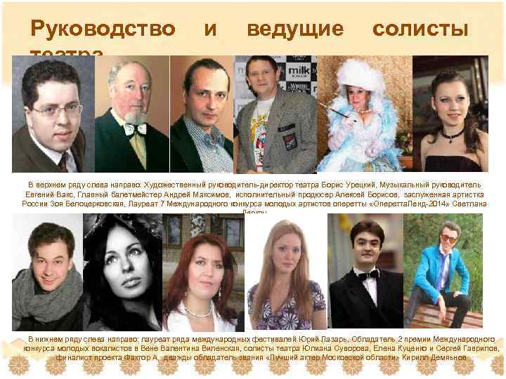 Руководство театра и ведущие солисты В верхнем ряду слева направо: Художественный руководитель-директор театра Борис