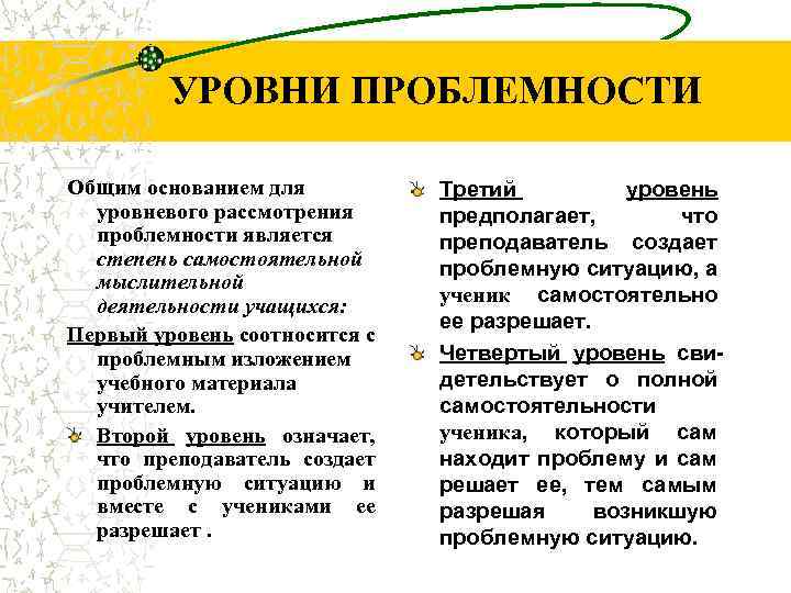 УРОВНИ ПРОБЛЕМНОСТИ Общим основанием для уровневого рассмотрения проблемности является степень самостоятельной мыслительной деятельности учащихся: