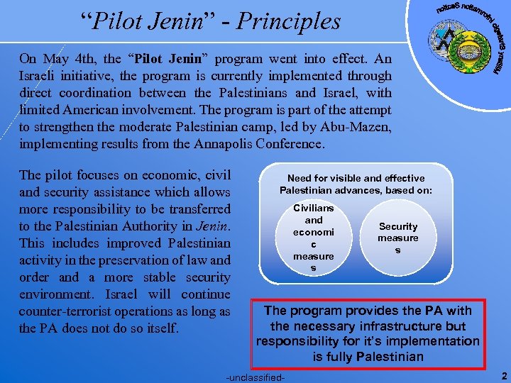 “Pilot Jenin” - Principles On May 4 th, the “Pilot Jenin” program went into