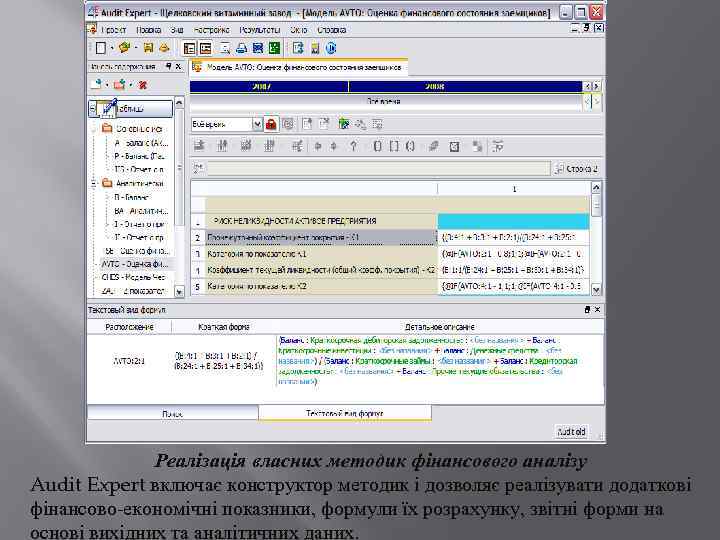 Реалізація власних методик фінансового аналізу Audit Expert включає конструктор методик і дозволяє реалізувати додаткові