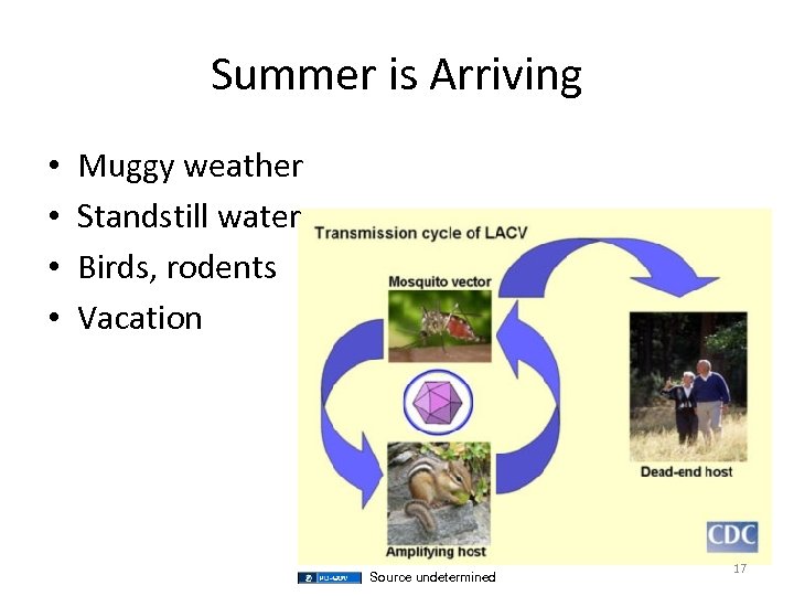 Summer is Arriving • • Muggy weather Standstill water Birds, rodents Vacation Source undetermined