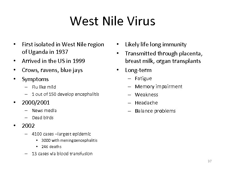 West Nile Virus • First isolated in West Nile region of Uganda in 1937