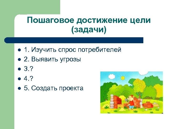 Пошаговое достижение цели (задачи) l l l 1. Изучить спрос потребителей 2. Выявить угрозы