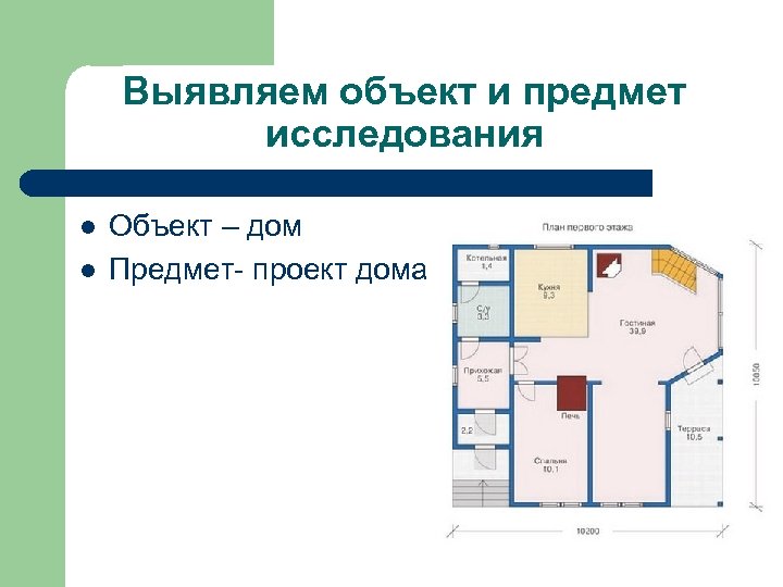 Выявляем объект и предмет исследования l l Объект – дом Предмет- проект дома 