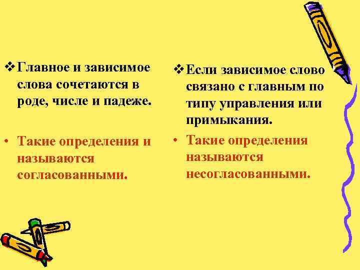 v Главное и зависимое слова сочетаются в роде, числе и падеже. • Такие определения