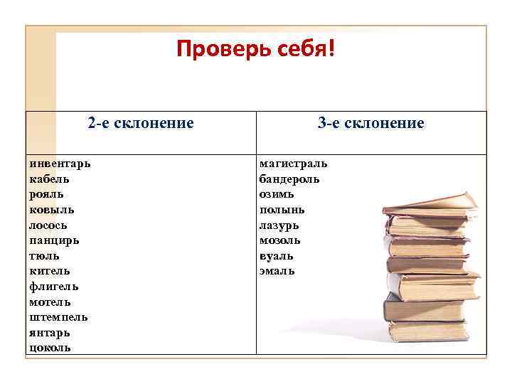 Проверь себя! 2 -е склонение инвентарь кабель рояль ковыль лосось панцирь тюль китель флигель