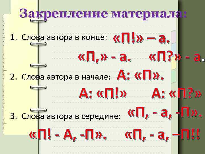 Закрепление материала: «П!» – а. «П, » - а. «П? » - а. 2.