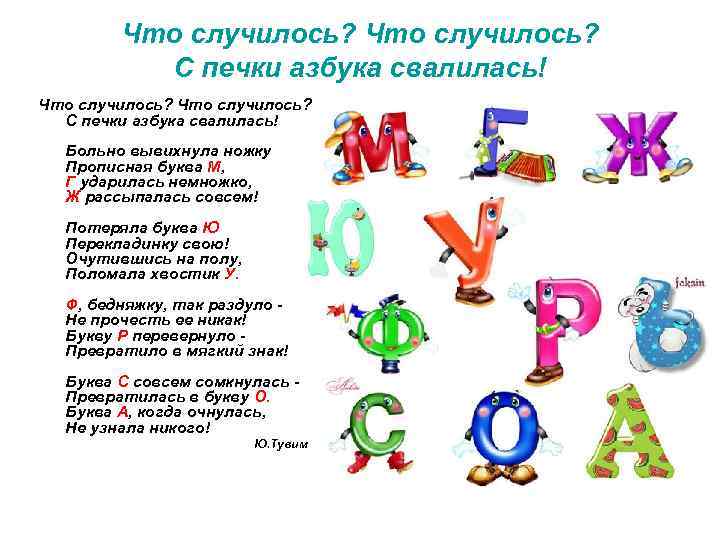Что случилось? С печки азбука свалилась! Больно вывихнула ножку Прописная буква М, Г ударилась