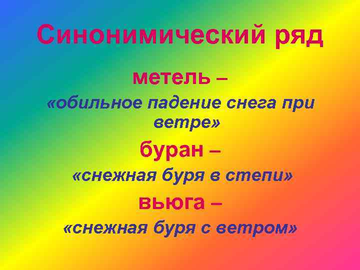 Синонимический ряд метель – «обильное падение снега при ветре» буран – «снежная буря в