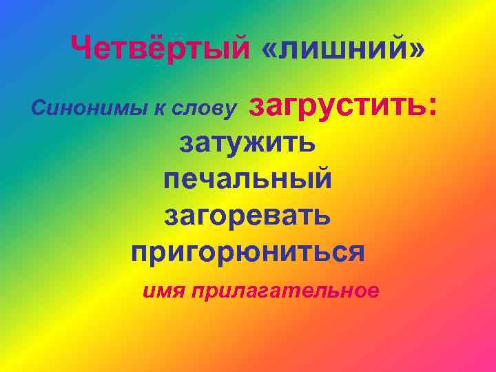 Четвёртый «лишний» Синонимы к слову загрустить: затужить печальный загоревать пригорюниться имя прилагательное 