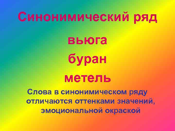 Синонимический ряд вьюга буран метель Слова в синонимическом ряду отличаются оттенками значений, эмоциональной окраской