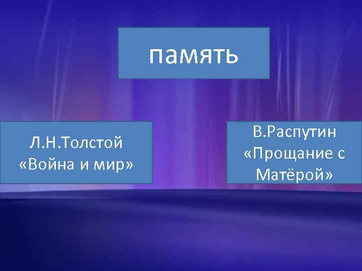 память Л. Н. Толстой «Война и мир» В. Распутин «Прощание с Матёрой» 