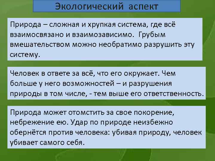 Экологический аспект Природа – сложная и хрупкая система, где всё взаимосвязано и взаимозависимо. Грубым