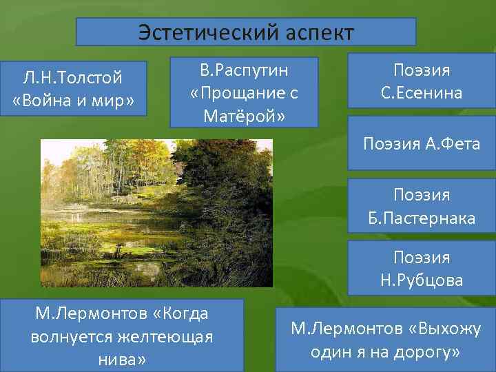 Эстетический аспект Л. Н. Толстой «Война и мир» В. Распутин «Прощание с Матёрой» Поэзия