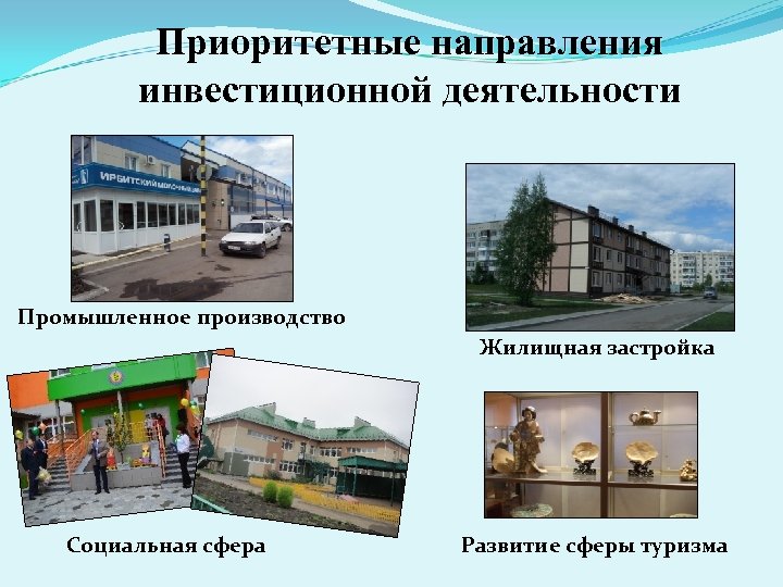 Приоритетные направления инвестиционной деятельности Промышленное производство Жилищная застройка Социальная сфера Развитие сферы туризма 