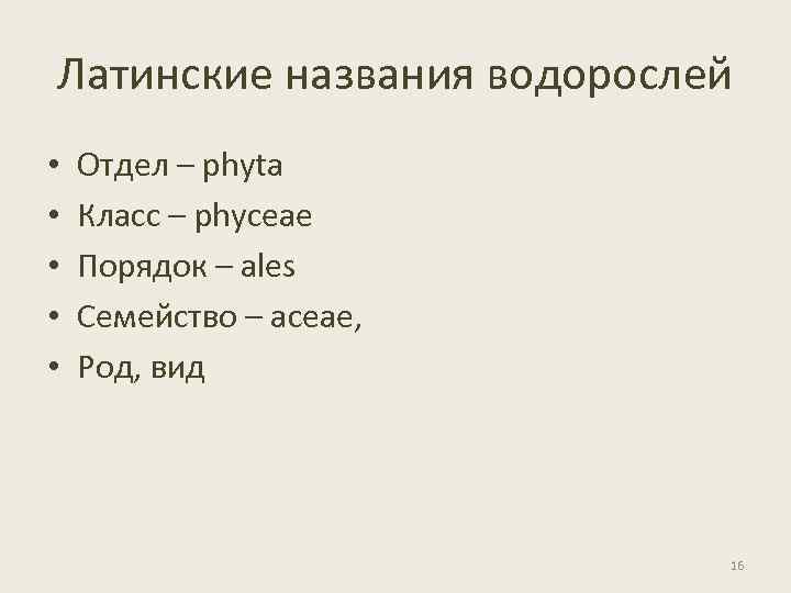 Латинские названия водорослей • • • Отдел – phyta Класс – phyceae Порядок –
